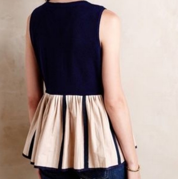 Anthropologie Moth Navy & Cream Sleeveless Peplum Blouse XL | Button Front - Picture 8 of 12
